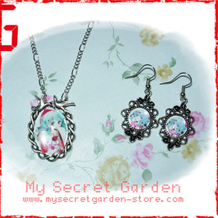 Vocaloid Snow Miku Hatsune 初音ミクanime Cabochon Necklace & Earrings Set